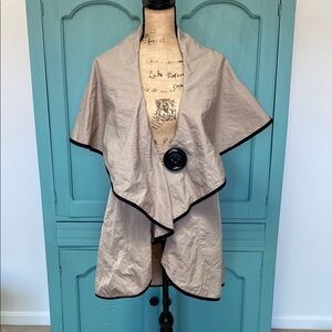 Luii Tan Jacket with Cape with Black Button and Trim.